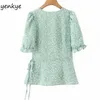 Vert Floral Print Lace Up Wrap Blouse Femmes Cross V Col À Manches Courtes Slim Summer Top En Mousseline LJPZ9352 210514