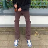 Mäns jeans tillbaka fotleds blixtlås skarvade raka flare byxor herr high street tvättade retro lös casual hip hop denim byxor218b