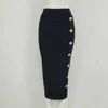 Ankomst Kvinnor Knapp Svart Bodycon Bandage Skirt Designer High Waist Street Party Club Pencil 75cm 210621