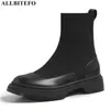 ALLBITEFO high quality genuine leather+knitting thick heels ankle boots for women thick heels party women heels women boots 210611