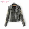 Aelegantmis Autumn Black Vintage Embroidery Pu Leather Jacket Women Fashion Street Faux Biker Soft Moto Outerwear 210607