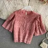 Zomer Frans retro blouse vrouwelijke bladerdeeg mouw kant holle haak blusa kleine stand-up kraag mode shirt C846 210506