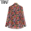 Traf Women Sexy Fashion Floral Print Butt-Up Bluses Vintage Long Sleeve See Through Female Shirts BlusaS Chic Tops 210415