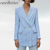 Spring Autumn Official Suit Sequin Double Row Button V-Neck Jacket Long Sleeve Pocket Blue Women's Suits Blazer 210604