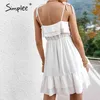 Blanc col en V taille haute robe trapèze à la mode sans manches à volants été femmes élégant solide mi-long 210414