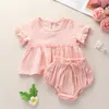 Summer Baby Girls 2-pcs Sets Candy Color Ruffles Short Sleeves T-shirts + Triangle Shorts born Casual Clothes E2170 210610