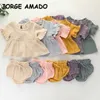 Summer Baby Girls 2-pcs Sets Candy Color Ruffles Short Sleeves T-shirts + Triangle Shorts born Casual Clothes E2170 210610