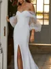 Sexy Split Mermaid Wedding Dresses Off Shoulder Puffy long Sleeves Satin Tulle bohemian country Bridal Gown Vestidos De Novia