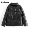 Frauen PU Leder Parkas Mode High Street Solid Faxu Lederschichten eleganter Winterdicke Baumwolljacken lose Oberbekleidung 210918