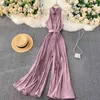 Women's European American Style Jumpsuit Women Temperament Lapel Slim Breasted Heavy-duty Pleated Wide-leg Pants UK914 210507