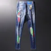 Style de rue mode hommes jean rétro bleu élastique coupe ajustée déchiré peint concepteur Hip Hop Denim éclaboussé Punk pantalon