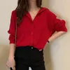 Elegancka Minimalistyczna bluzka Damskie Lapel Single Breasted Duży rozmiar Czerwony Koszula z długim rękawem Trend 5A1310 210427
