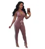 Gymkläder Ahvit Solid Färg Front Zipper Casual Jumpsuits Hooded Ärmlös Bodycon Party Romper Waist Lace Up Women Playsuit of6065