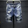 Men Light Blue Denim Shorts Summer Holes Short Jeans High Quality Men Straight Casual Jean Shorts Cotton Knee Length Jeans X0601