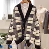 H.SA Kvinnors Tröjor Vinterfjäder Plaid V-Neck Cardigans Button Puff Sleeve Rutig Oversize Sweater Tops 210417