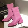 Genuine Leather Pink High Heel Shoes Women Boots Zip Chunky Boot Woman Shoe Pointed Toe Black White Botas Winter