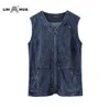 LIH HUA femmes grande taille décontracté Denim gilet jersey haute flexibilité décontracté jeans gilet tricoté Denim OL Style 210817