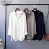 Bahar Kore Versiyonu OL Stil Polo Yaka Katı Hırka Bayanlar Vintage Gevşek Beyaz Uzun Kollu Kadın Gömlek Tops 8448 50 210508