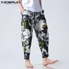 Men Fashion Floral Cotton Pants Casual Wide Legs Patalones Loose Fitness Pants Baggy Button Ankle Length Trousers Ethnic Style X0723