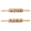 Christmas Rolling Pin Wooden Christmas Engraved Carved Embossing Rolling Pin Dough Stick Baking Kitchen Pastry Tool 211008