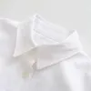 Femmes baissez la robe de chemise blanche à cols avec poches de bureau à manches courtes mini dos à la taille élastique plissée ES 210515