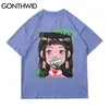 Tees Topy Mężczyźni Streetwear Harajukiu Hip Hop Hop Anime Cartoon Girl Print Koszulki Bawełniane Casual Luźne Krótki Rękaw Tshirts 210602