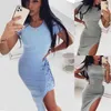 Mulheres Sexy Vestido Verão Sólido O-pescoço Manga Curta Milho Eyes Cross Bandage Pacote Senhora Vestido Senhora Split Split Bodycon Midi Vestidos 210507