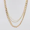 Colliers multicouches plaqués or 18 carats avec perles artificielles et chaîne à maillons pour femme
