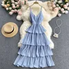 Sexy V-neck Spaghetti Strap Sleeveless Long Dress Women Summer High Waist Backless Cascading Ruffles Beach Pleated Maxi 210603