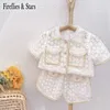 Summer Girls 2 Pcs Set Blouse + Shorts Kids Suit Children Clothes Fashion Floral Embroidery White Mesh Lace Soft 1 To 7 Yrs X0902