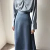 Dames Rok Koreaanse stijl A-lijn Satijn Blauw Zwart Hoge Taille Enkle Lengte Vrouw Rokken Mujer Faldas Femme Jupes Saias Mulher 210514