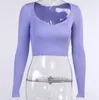 女性のTシャツ秋のファッション長袖ニットクロップトップTシャツセクシーVネックリブニットプレーンティーシャツカジュアルショート2022