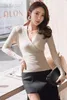 Women Sweater Knitting Pullover Top Spring Autumn Female Elastic Skinny Slim Solid Sexy Deep V-neck Low Cut Knitted Shirts 210423