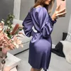 Frauen Satin Kleid Lange Laterne Ärmel O Neck Frühling Sommer Elegante Büro Damen Mode Weibliche Solide Vestidos Roben 210416