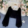 Neploe Bluzki Kobiety Vintage Aksamitne Koszulki Kwadratowe Kołnierz Koronki Bandaż Center Black BluSas Mujer Lampion Rękaw Krótkie Topy 94897 210422