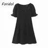 Foridol Puff Sleeve Schwarz Sommer Kleid Frauen Vintage A-linie Kurze Mini Kleid Französisch Stil Strand Solide Kleid Vestidos 210415