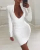 2020 Women Fashion Elegant Autumn Spring Solid Long Sleeve Plunge Ruched Bodycon Dress Mini V Neck White Sexy Party Dress X0521