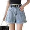 Zomer Casual Denim Women's Shorts met gordel Mid Taille Wide Pen Vintage Losse Vrouwelijke Jeans Pocket 210428