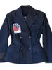 Gekeerde dubbele breasted lange mouw hoge taille vorm massief donkerblauw denim blazer jassen voor vrouwen lente GX208 210421