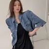 Corea Summer Fashion Colletto rovesciato monopetto manica a sbuffo giacca di jeans corta Casual donna increspato Chic Top Femme 210519