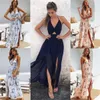 Boho Summer Elegant Floral Halter V Neck Long Dress Women Sexig Bandage Evening Party Dresses Sundress Beach Dress X0705