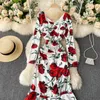 Bohemian Vermelho / Verde / Cor-de-rosa Flor Impressão Sereia Vestido Mulheres Casuais Colares Luva de Manga Longa Ruffle Hem Vestidos Primavera Outono Novo Y0603