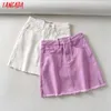 Tangada Women Summer Tassel Purple White Denim Skirts Faldas Mujer Zipper French Style Female Mini Skirt TO3 210609