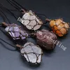 Trançado de malha natural chakra gemstone ajustável colar de mão tecelagem de cera corda envolveu pedra crua irregular de pedra cristal de quartzo para a paz de admiração espiritual