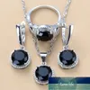 Bröllop SmyckenNYHET 925 Silver Sets Svart Zircon Dangle Örhängen och Halsband Ring 3 Piece Set Women Trendy Costume