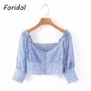 Puff Sleeve Blommigryck sommar grödor Toppar Kvinnor Söt Boho Button Up Blue Blouse Bomull Kvinna 210427