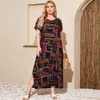Plus Size Dress Women Summer V Neck Short Sleeve Colorful Plaid Print Casual Elegant Side Split Maxi Long Dresses