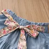 Summer Casual 3 4 5 6 8 10 11 12 Years Baby Solid Color Cotton Loose Denim Blue Shorts With Floral Belt For Kids Girls 210529