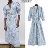 Jurk Blue Floral Print Lange Shirt Dames Zomer CottageCore Short Puff Sleeve Vrouw ES Casual ES 210519