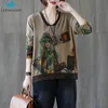 Donna Primavera Autunno Moda Vintage Manica lunga Ragazza Stampa cartoon Maglione lavorato a maglia di alta qualità Office Lady Scollo a V Allentato Top casual 210914